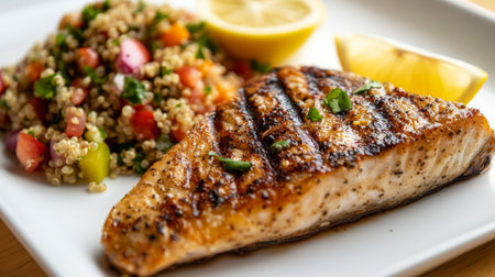 A vibrant plate showcasing grilled salmon paired with a refreshing quinoa salad and lemon wedges, perfect for a nutritious meal or dinner idea.の素材