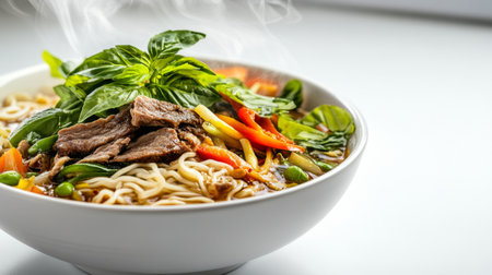 A steaming bowl of noodle soup featuring tender beef, vibrant vegetables, and aromatic basil, perfect for lunch or dinner. A delightful culinary experience.の素材