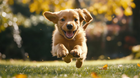 A joyful puppy leaps through a sunlit park, capturing the essence of happiness and playfulness. This lively image showcases the beauty of nature and youthful energy.の素材