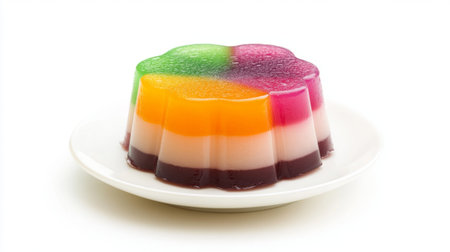 A colorful layered gelatin dessert resting on a white plate, perfect for parties or celebrations. This vibrant treat is a delightful and refreshing addition to any dessert table.の素材