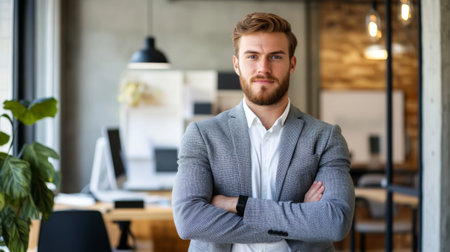 A confident businessman stands in a modern office, showcasing professionalism and style. His poised demeanor reflects leadership and ambition, ideal for business-related themes.の素材