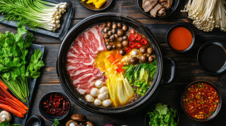 A colorful array of fresh ingredients for hot pot, featuring vibrant vegetables, assorted meats, and aromatic herbs, styled on a rustic wooden table.の素材