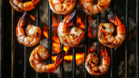 A vibrant image of shrimp being grilled on a barbecue, showcasing the delicious char and smoky flavors. Perfect for culinary enthusiasts and food lovers.の素材