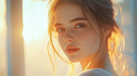 Captivating portrait of a young woman bathed in soft sunlight, highlighting her natural beauty and serene expression in a dreamy indoor setting.の素材