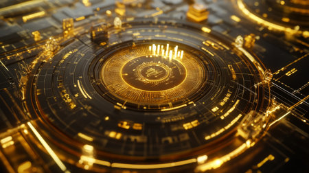 Intricate golden circuit board design showcasing a modern digital aesthetic. Ideal for technology, innovation, and abstract art themes.の素材