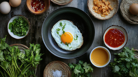A fresh fried egg sits in a pan, surrounded by colorful ingredients like herbs, sauces, and eggs, creating a warm, inviting breakfast scene.の素材