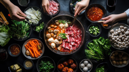 A vibrant hot pot spread showcases assorted ingredients, inviting a communal dining experience. Friends gather, using chopsticks to cook and share, creating memorable moments.の素材