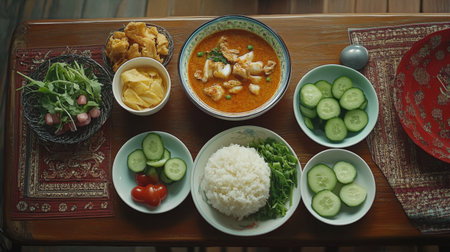 A vibrant display of Asian cuisine featuring rice, shrimp curry, fresh vegetables, and appetizers, all beautifully arranged for a delightful meal.の素材