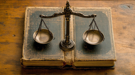 A vintage scales of justice resting on an old book cover symbolizes balance and fairness in the legal system, evoking a sense of history and authority.の素材