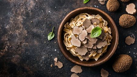 A beautifully styled bowl of fettuccine topped with black truffles and fresh basil. Perfect for showcasing gourmet Italian cuisine in a rustic setting.の素材