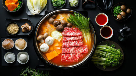 A vibrant hot pot filled with fresh ingredients like vegetables, meat, and mushrooms, accompanied by an array of sauces and condiments for a delightful dining experience.の素材