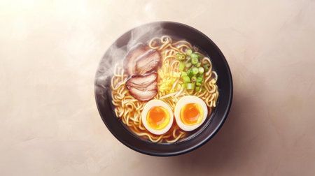 A steaming bowl of ramen features tender noodles, rich broth, soft boiled eggs, and slices of pork, perfect for a nourishing and flavorful meal.の素材