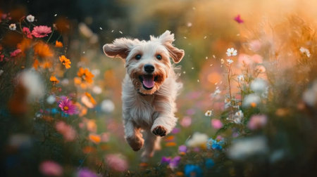 A joyful dog runs freely through a vibrant flower field, showcasing pure happiness in nature. The scene captures the essence of playfulness and freedom.の素材