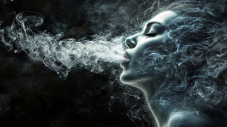 An ethereal portrait of a woman breathing smoke, creating a mysterious and serene atmosphere. The dark background enhances the surreal beauty and artistic expression.の素材