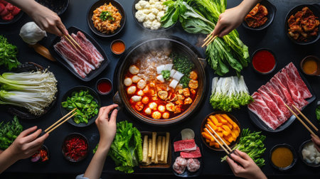 A vibrant hot pot meal preparation scene showcasing various fresh ingredients and eager hands ready to enjoy a communal dining experience.の素材