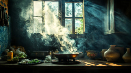 A serene kitchen scene filled with steam and natural light, showcasing a cozy atmosphere. Fresh ingredients and utensils set the stage for culinary creativity.の素材