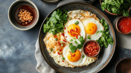 Enjoy a vibrant plate of fried eggs topped with fresh herbs and spices. Perfect for a hearty breakfast or brunch, this dish combines flavors and textures.の素材