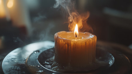 This image showcases a glowing candle with soft smoke and wax drips, creating a warm and tranquil atmosphere perfect for relaxation and meditation.の素材
