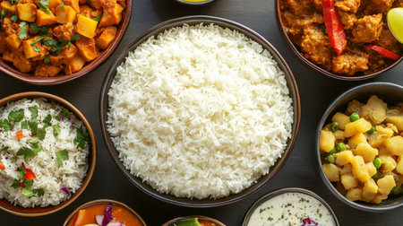 A vibrant assortment of Indian dishes featuring steaming rice at the center, surrounded by colorful bowls of vegetables, spices, and sauces for a delightful feast.の素材