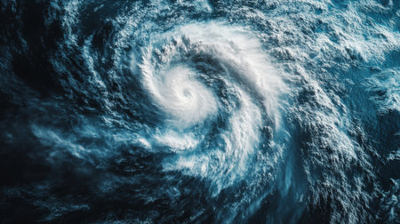 A stunning aerial view of a powerful cyclone swirling over ocean waters, showcasing dramatic cloud patterns and the raw energy of nature's force.の素材