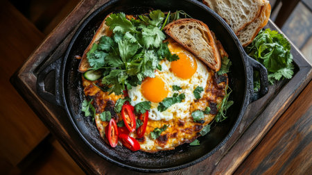 A vibrant skillet breakfast featuring fried eggs, fresh herbs, and sliced peppers, served with toasted bread. A perfect hearty meal option.の素材