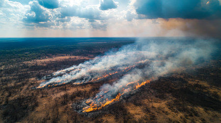 A dramatic aerial view of a wildfire consuming dry land, sending plumes of smoke into the atmosphere. The scene highlights the impact of climate change on ecosystems.の素材