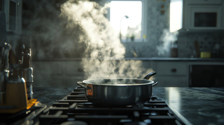 A steaming pot sits on a modern kitchen stove, creating a cozy atmosphere filled with warmth and aroma. Perfect for culinary inspiration and home cooking themes.の素材