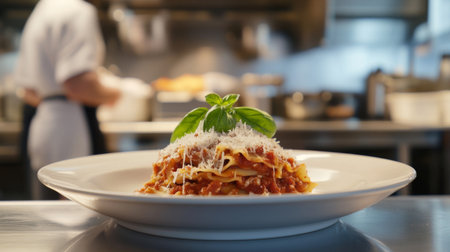 A beautifully presented pasta dish topped with fresh basil and cheese, set in a lively kitchen environment. Perfect for food lovers and culinary enthusiasts.の素材