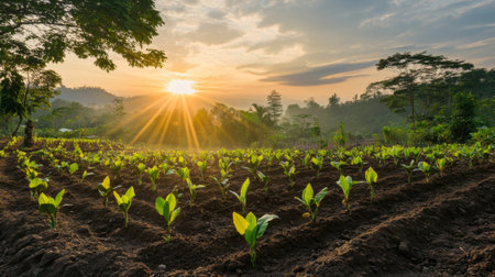 A stunning sunrise illuminates a lush agricultural field with fresh green crops. The serene landscape captures the beauty of nature and the promise of growth.の素材