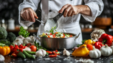 A chef expertly prepares a fresh vegetable dish in a bustling kitchen, showcasing vibrant ingredients and culinary skills for a healthy meal experience.の素材