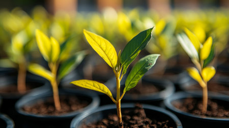 Close-up of bright green seedlings emerging from dark soil, showcasing healthy foliage in small pots, symbolizing growth and nurturing in a sunny environment.の素材