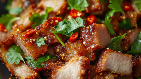 A tantalizing close-up of crispy pork belly garnished with fresh herbs and red chili, showcasing its savory flavor and delicious texture. Perfect for food lovers.の素材