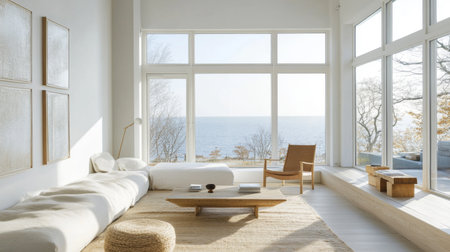 Bright and airy modern living room featuring large windows overlooking the ocean. The minimalist design creates a serene atmosphere with natural light.の素材