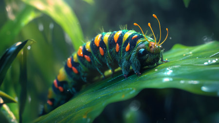 A vibrant caterpillar with striking colors rests on a lush green leaf. The close-up shot captures intricate details of its body and environment, evoking a sense of nature's beauty.の素材