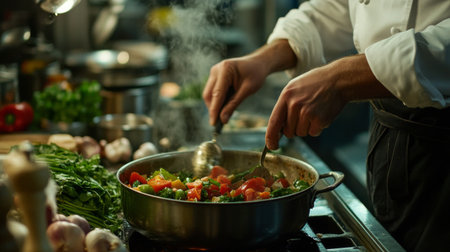 A chef skillfully prepares a vibrant vegetable dish in a bustling kitchen. Fresh ingredients and steaming pots create a dynamic cooking atmosphere.の素材