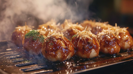 Enjoy the visual delight of grilled takoyaki balls, drizzled with savory sauce and topped with crispy garnish, steaming on a hot grill. Perfect for food lovers!の素材