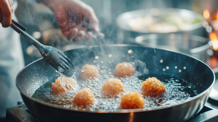 A chef meticulously frying crispy snacks in hot oil, showcasing the vibrant culinary process in a professional kitchen setting, with bubbling oil and steam.の素材