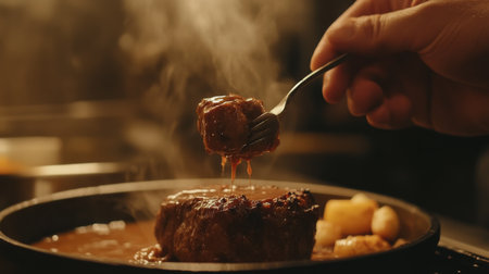 A close-up view of a tender steak being lifted with a fork, glistening with rich sauce and emitting steam, highlights the essence of gourmet dining.の素材