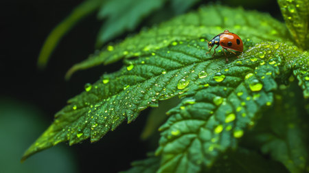 A vibrant ladybug rests on a lush green leaf adorned with glistening water drops. This enchanting close-up showcases nature's beauty and delicate ecosystems.の素材