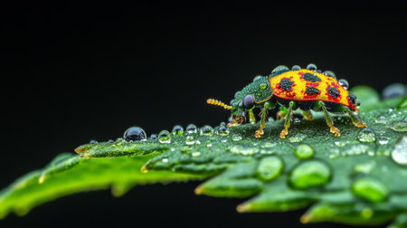A vivid close-up of a colorful beetle resting on a leaf adorned with glistening water droplets, showcasing the intricate details of nature's beauty and moisture.の素材