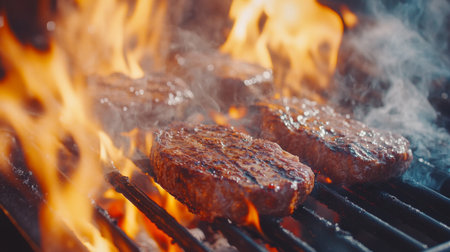 Grilled beef patties sizzling over flames showcase the perfect summer barbecue scene. Enjoy the rich flavors and smoky aromas of outdoor cooking.の素材