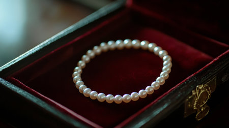 A stunning pearl bracelet displayed in a luxurious velvet jewelry box, showcasing its elegant design and beauty. Perfect for gifts and special occasions.の素材