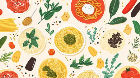 A vibrant flat lay of various pasta dishes, showcasing fresh ingredients and rich colors. Ideal for food lovers and culinary enthusiasts seeking inspiration.の素材