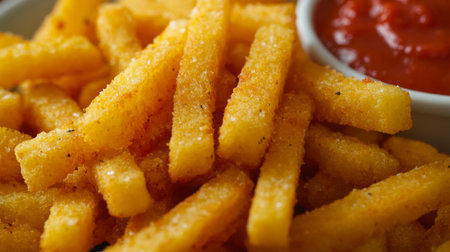 Enjoy a close-up of crispy golden fries served with a side of rich ketchup. Perfect for snacks, parties, or cozy dining experiences.の素材