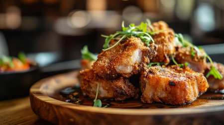Enjoy the sight of crispy fried meat garnished with fresh herbs, served on a rustic wooden plate. A perfect dish for food lovers and culinary enthusiasts.の素材
