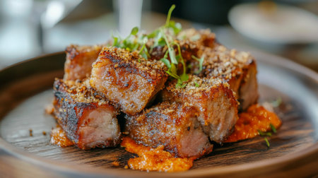A delightful serving of crispy pork pieces topped with fresh herbs and paired with a flavorful sauce, perfect for a gourmet dining experience.の素材