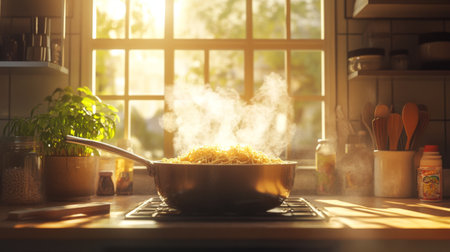 A steaming bowl of pasta sits on a stove in a sunlit kitchen, surrounded by fresh herbs and kitchen utensils, evoking a warm and inviting atmosphere.の素材
