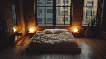 A cozy minimalist bedroom featuring soft bedding and large windows that flood the space with natural light, creating a warm and inviting atmosphere.の素材