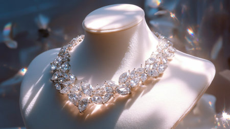 A stunning diamond necklace displayed elegantly, showcasing its sparkling brilliance. Perfect for illustrating luxury, fashion, and timeless beauty in jewelry.の素材
