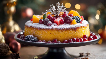 A beautiful fruit cake adorned with a variety of colorful berries and seasonal fruits, perfect for celebrations and festive gatherings.の素材